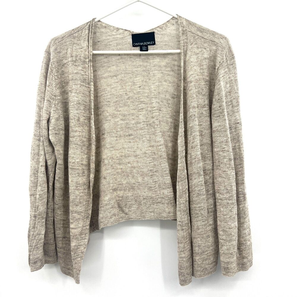 Cynthia Rowley Womens M 100% Linen Open Front Cardigan Sweater Beige Oatmeal